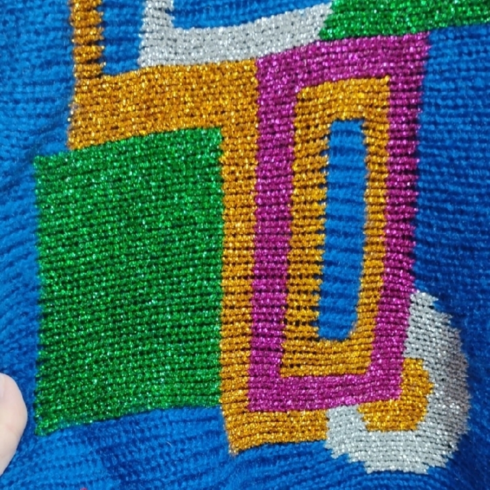 (A-71)SALE!RARE! Alfredo Moro Blue Sweater W Colorful Geometric Glittery Design - Picture 8 of 10